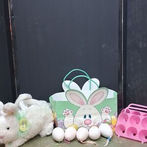 HALLMARK EASTER BASKET TALKING BUNNY, CERAMIC EGGS, DECORATING KIT